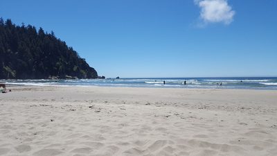 An open stretch of sandy beach beneath a wide, soft sky.
