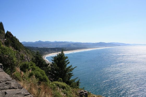Aerial view of the rugged Oregon coastline where forested cliffs meet the Pacific.