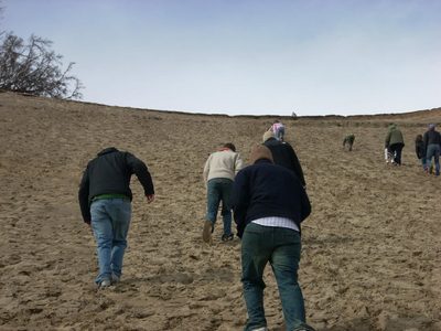 A group of people climbing a windswept sand dune together, seen from behind.
